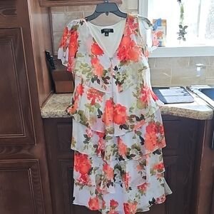 Floral Chiffon Dress - White and Red